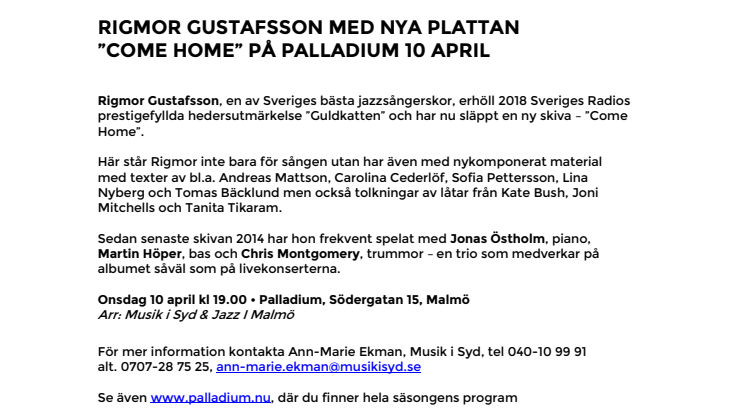 Rigmor Gustafsson med nya plattan "Come Home" på Palladium Malmö 10 april