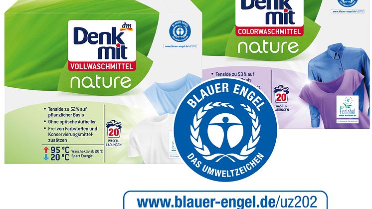 Die neuen Denkmit nature Waschmittel sind mit dem Umweltzeichen Blauer Engel** ausgezeichnet