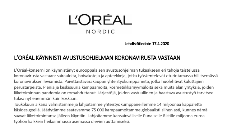 L’Oréal-konserni on käynnistänyt eurooppalaisen avustusohjelman tukeakseen eri tahoja taistelussa koronavirusta vastaan