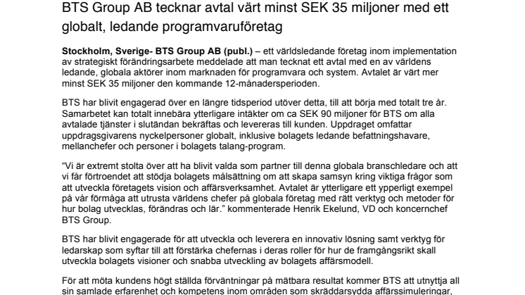 BTS Group AB tecknar avtal värt minst SEK 35 miljoner med ett globalt, ledande programvaruföretag