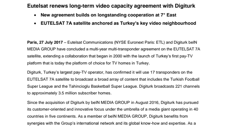 Eutelsat renews long-term video capacity agreement with Digiturk