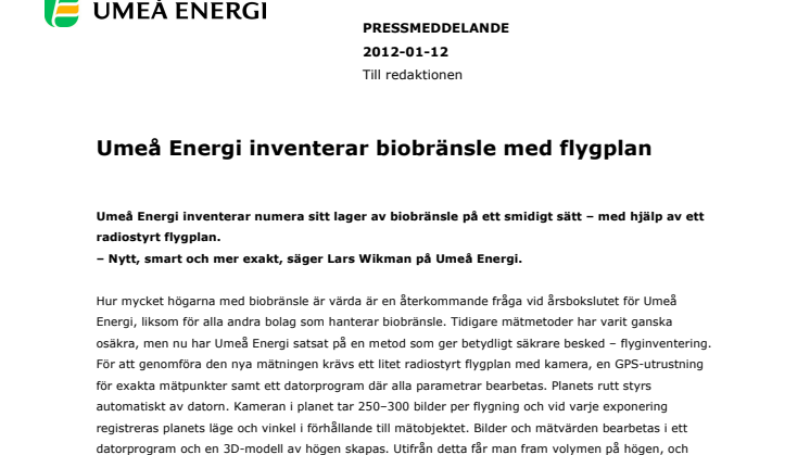Umeå Energi inventerar biobränsle med flygplan
