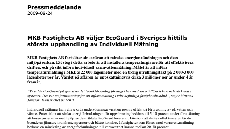 MKB Fastighets AB i Malmö väljer EcoGuard i Sveriges hittills största upphandling av Individuell Mätning