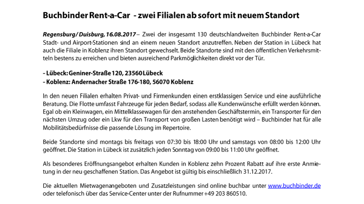 Buchbinder Rent-a-Car - zwei Filialen ab sofort mit neuem Standort