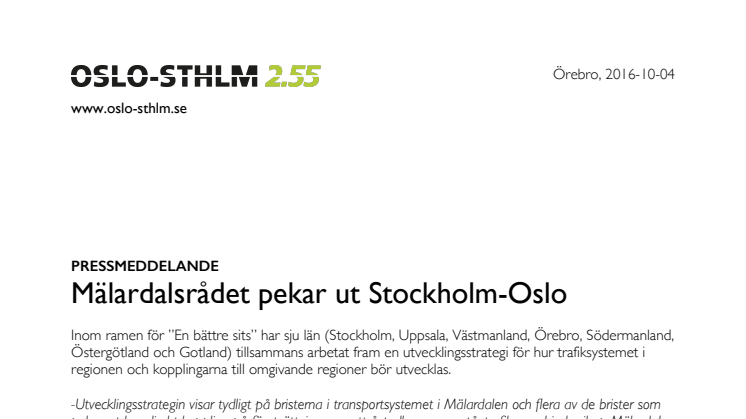 Mälardalsrådet pekar ut Stockholm-Oslo