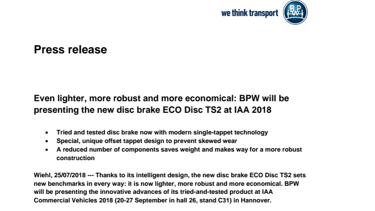 Even lighter, more robust and more economical: BPW will be presenting the new disc brake ECO Disc TS2 at IAA 2018