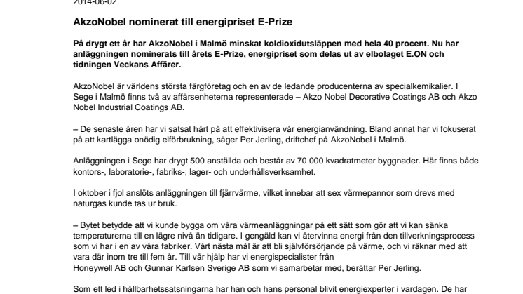 AkzoNobel nominerat till energipriset E-Prize 