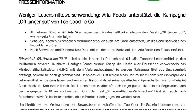 Weniger Lebensmittelverschwendung: Arla Foods unterstützt die Kampagne  „Oft länger gut“ von Too Good To Go