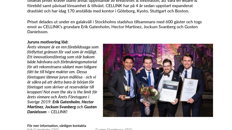 CELLINK utses till Årets företagare i Sverige 2019