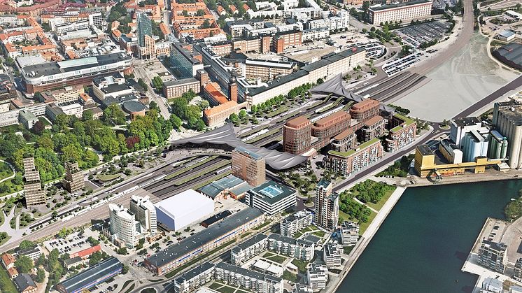 Detaljplanen ska utveckla ett centralt område i Västerås där ett nytt resecentrum är i fokus. Till detaljplanen hör också kvarter Sigurd 3 och det nya Vasakvarteret. Illustration: BIG