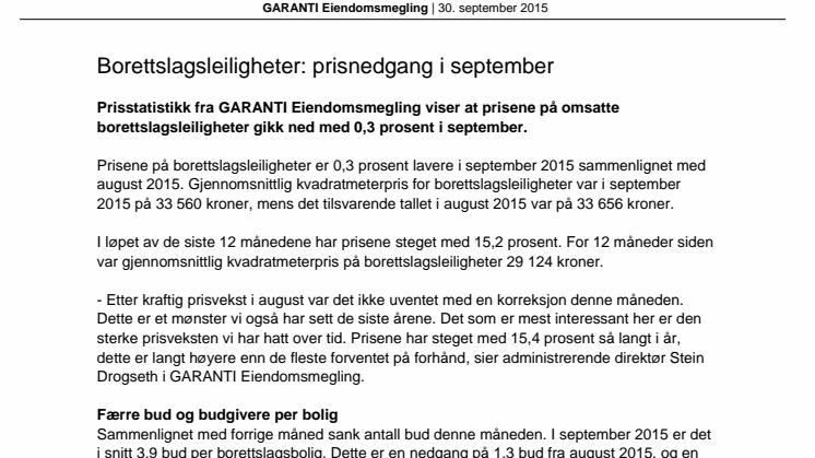 Borettslagsleiligheter: prisnedgang i september