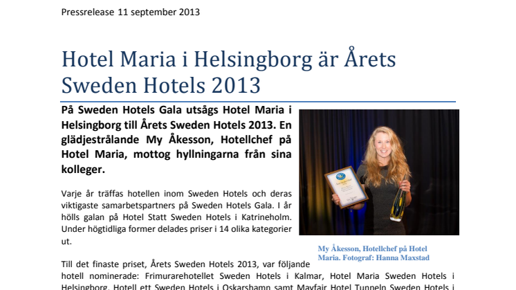 Hotel Maria i Helsingborg är Årets Sweden Hotels 2013