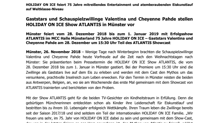 Gaststars und Schauspielzwillinge Valentina und Cheyenne Pahde stellen HOLIDAY ON ICE Show ATLANTIS in Münster vor