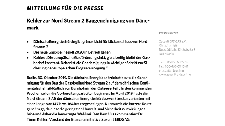 Kehler zur Nord Stream 2 Baugenehmigung von Dänemark