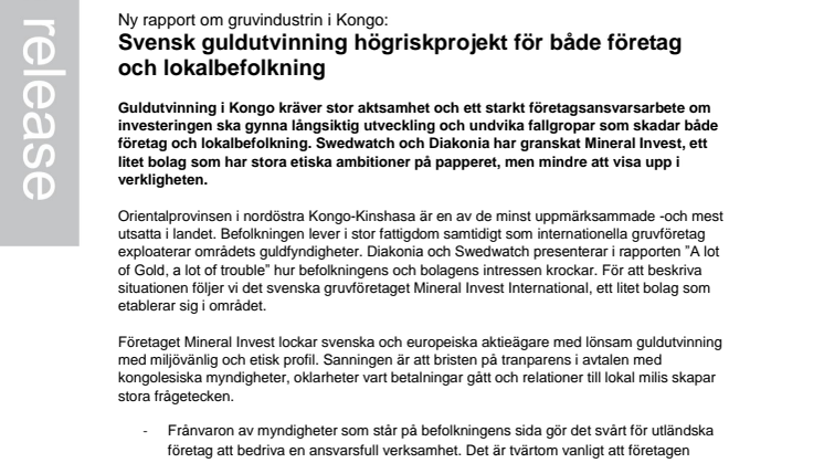 Ny rapport om gruvindustrin i Kongo: Svensk guldutvinning högriskprojekt för företag och lokalbefolkning