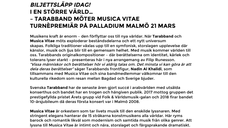 Biljettsläpp idag! I en större värld... – Tarabband möter Musica Vitae. Turnépremiär på Palladium Malmö 21 mars