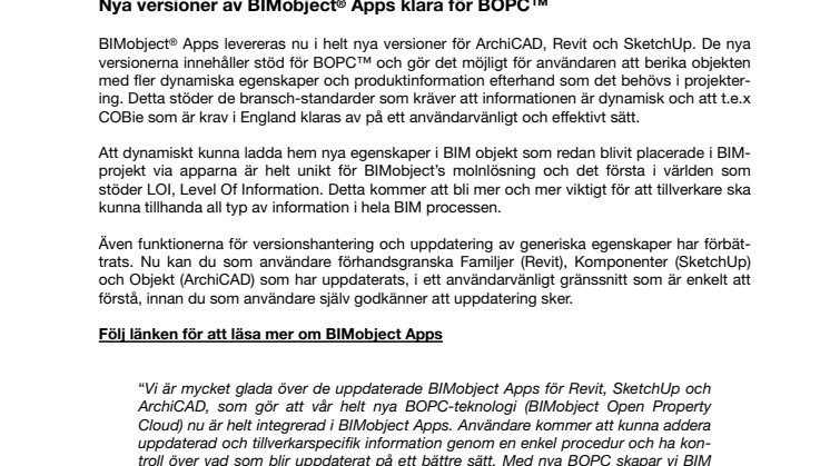 Nya versioner av BIMobject® Apps klara för BOPC™  