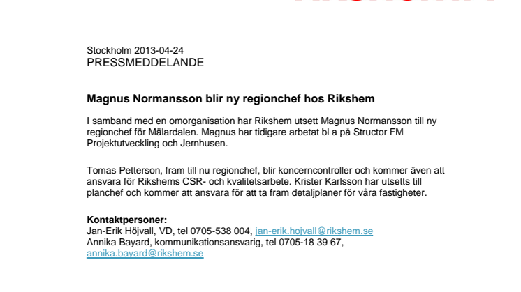 Magnus Normansson blir ny regionchef hos Rikshem