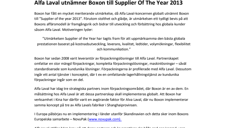 Alfa Laval utnämner Boxon till Supplier Of The Year 2013