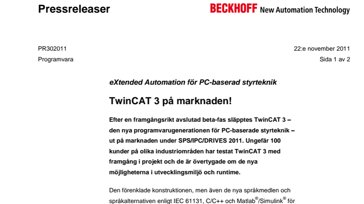 TwinCAT 3 från Beckhoff på marknaden!