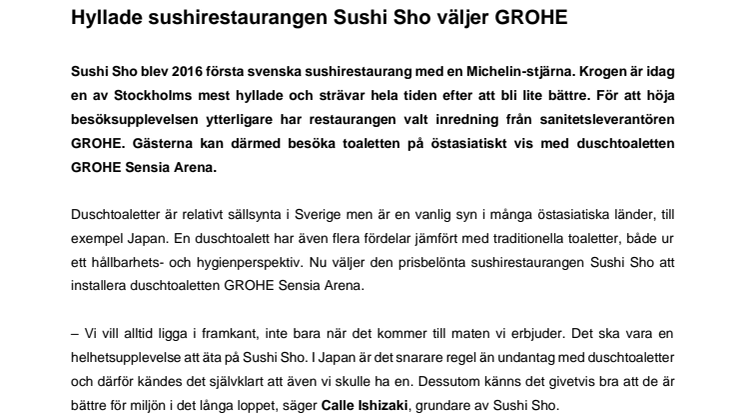 Hyllade sushirestaurangen Sushi Sho väljer GROHE