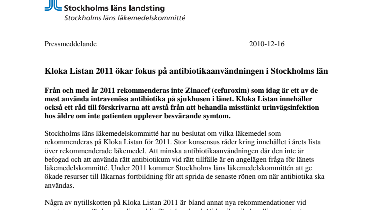Kloka Listan 2011 ökar fokus på antibiotikaanvändningen i Stockholms län