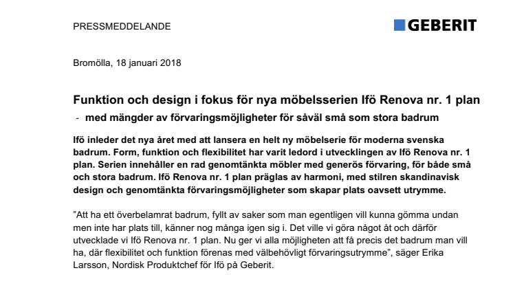 Funktion och design i fokus för nya möbelsserien Ifö Renova nr. 1 plan