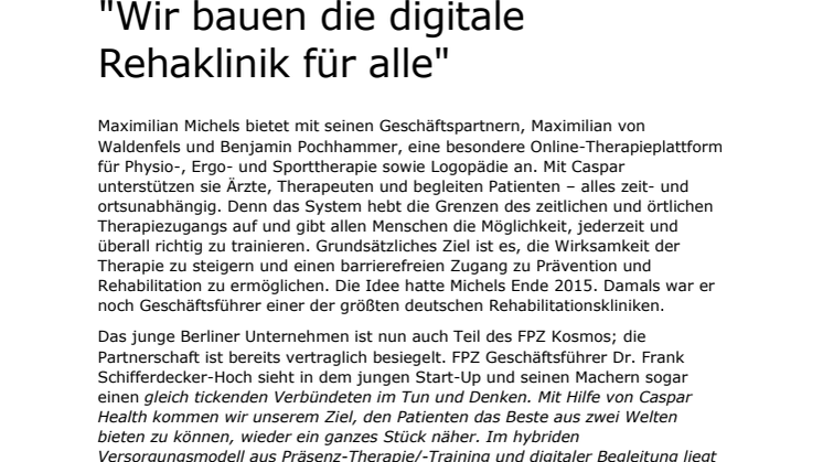 Interview mit FPZ Kooperationspartner Max Michels (Caspar): "Wir bauen die digitale Rehaklinik für alle"
