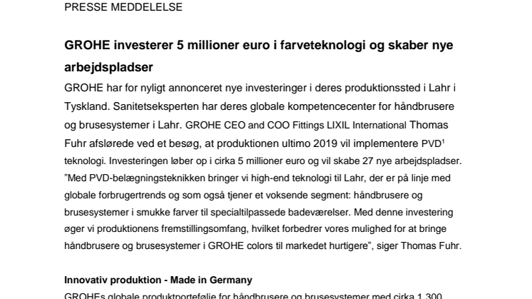 GROHE investerer 5 millioner euro i farveteknologi og skaber nye arbejdspladser