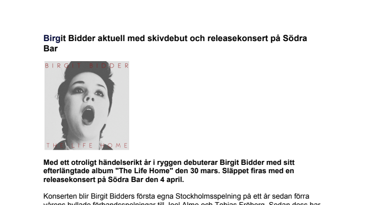 Birgit Bidder aktuell med skivdebut och releasekonsert på Södra Bar