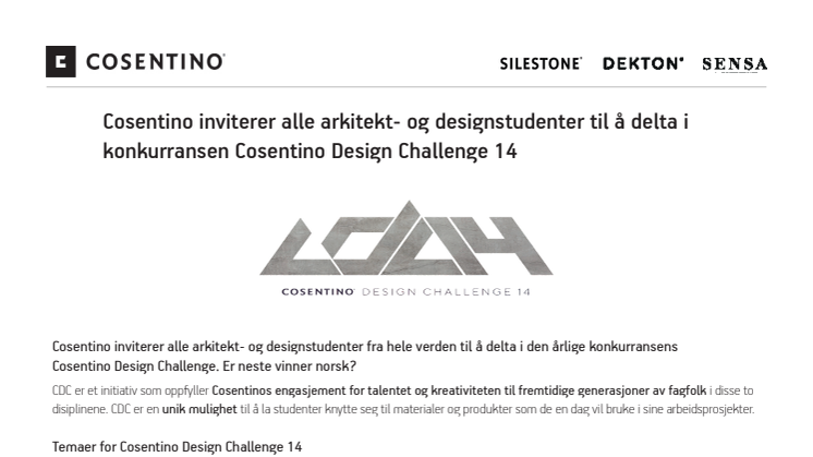 Cosentino inviterer alle arkitekt- og designstudenter til å delta i Cosentino Design Challenge 14