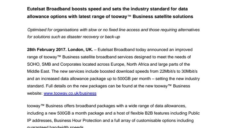 Eutelsat Broadband boosts speed and sets the industry standard for data allowance options with latest range of tooway™ Business satellite solutions