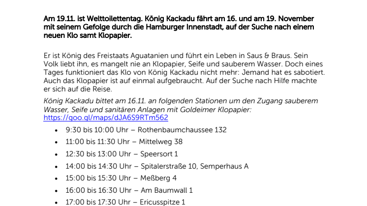 Ein Königreich für ein Klo samt GOLDEIMER Klopapier zum Welttoilettentag – Einladung zum Pressefoto & Bewegtbild am 16.11. & 19.11.