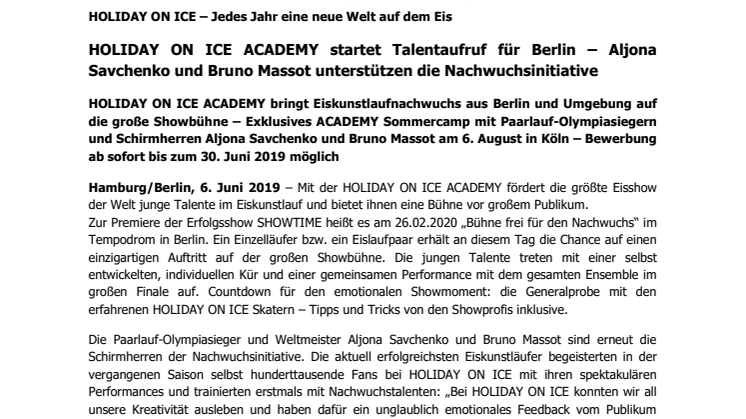 HOLIDAY ON ICE ACADEMY startet Talentaufruf für Berlin – Aljona Savchenko und Bruno Massot unterstützen die Nachwuchsinitiative