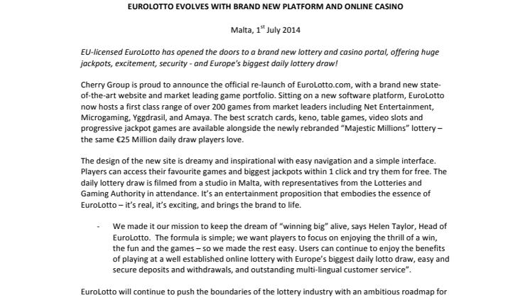 EuroLotto lanserar online casino och helt ny plattform