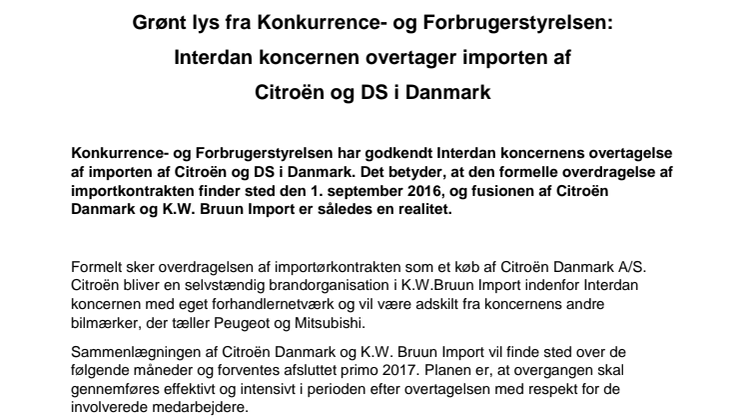 Grønt lys fra Konkurrence- og Forbrugerstyrelsen: Interdan koncernen overtager importen af Citroën og DS i Danmark