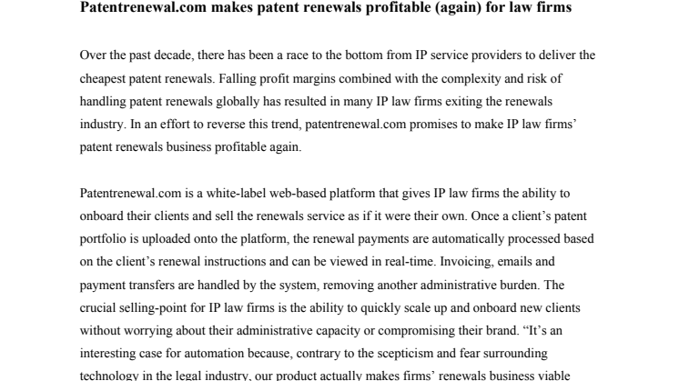 Patentrenewal.com makes patent renewals profitable (again) for law firms