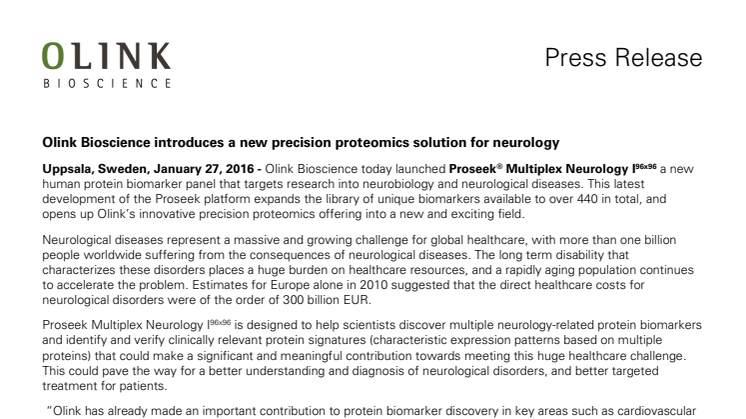 Olink Bioscience introduces a new precision proteomics solution for neurology