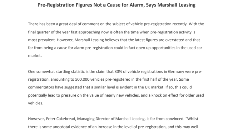 Pre-Registration Figures Not a Cause for Alarm, Says Marshall Leasing