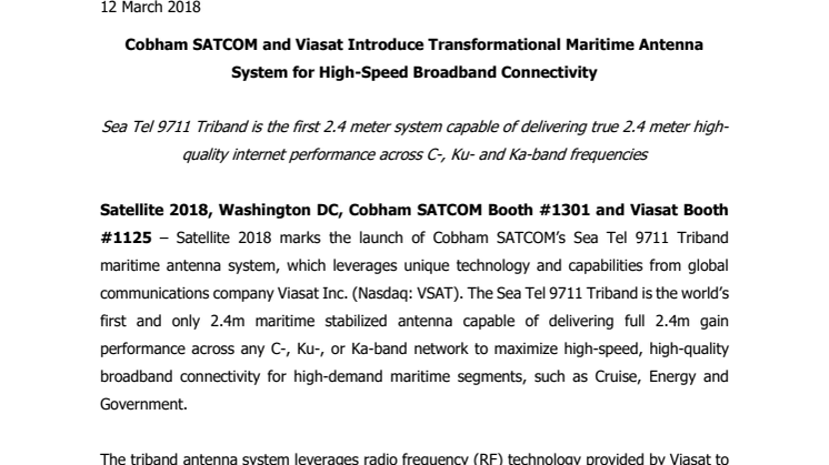 Cobham SATCOM - Satellite 2018: Cobham SATCOM and Viasat Introduce Transformational Maritime Antenna System for High-Speed Broadband Connectivity 