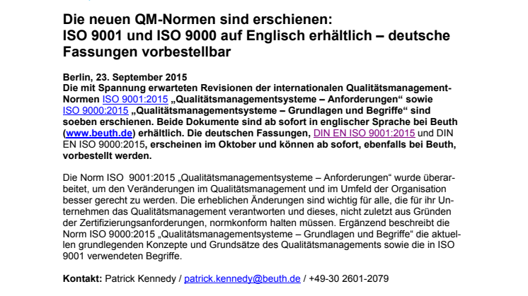 Die neuen QM-Normen sind erschienen: ISO 9001 und ISO 9000 auf Englisch erhältlich – deutsche Fassungen vorbestellbar