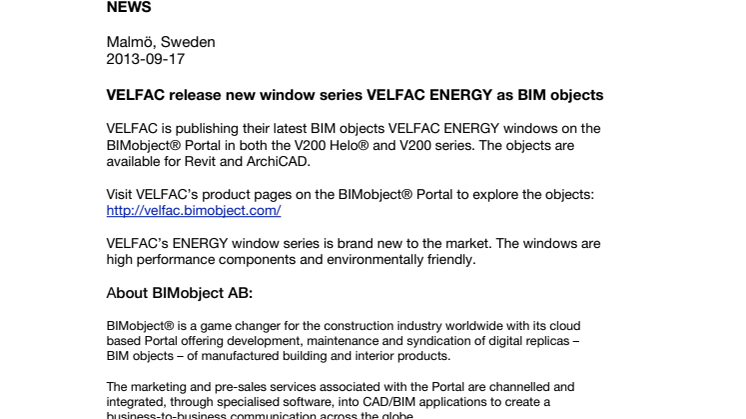 VELFAC release new window series VELFAC ENERGY as BIM objects