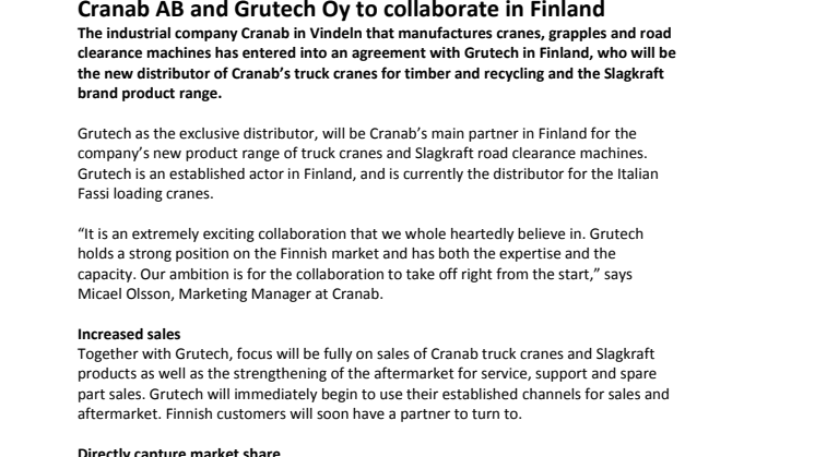 Cranab AB and Grutech Oy to collaborate in Finland