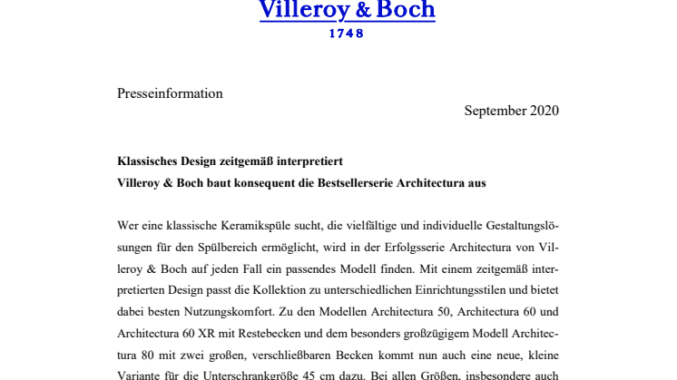 Klassisches Design zeitgemäß interpretiert - Villeroy & Boch baut konsequent die Bestsellerserie Architectura aus