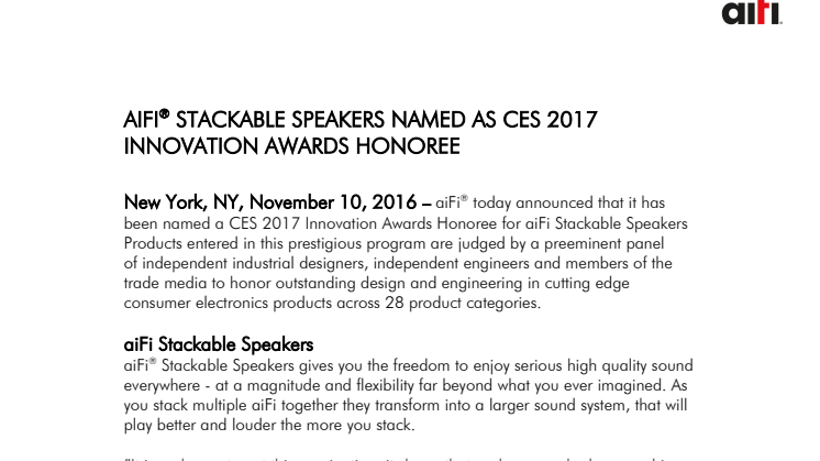 ​aiFi® nominerat till CES Innovation Awards Honoree 2017