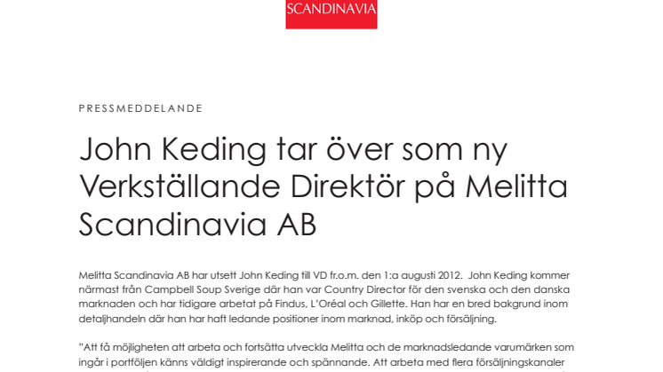 John Keding tar över som ny Verkställande Direktör på Melitta Scandinavia AB