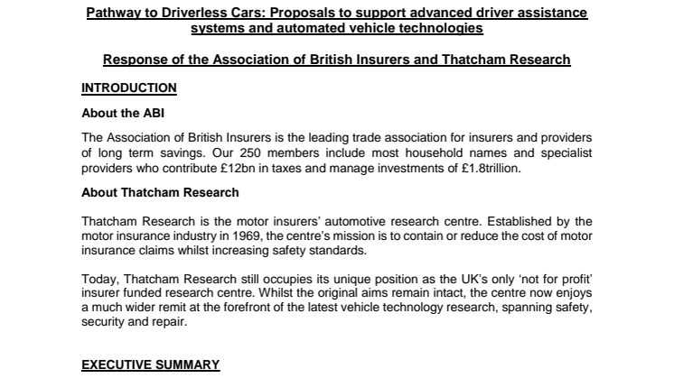 Pathway to Driverless Cars: ABI and Thatcham Research response