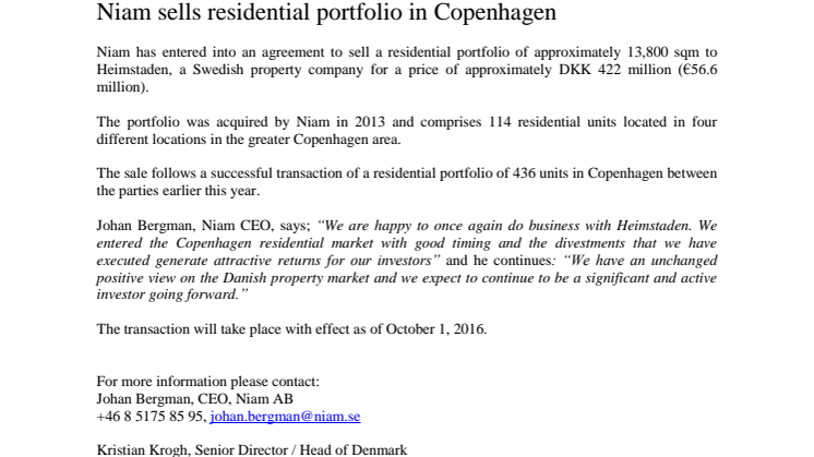 Niam sells residential portfolio in Copenhagen 