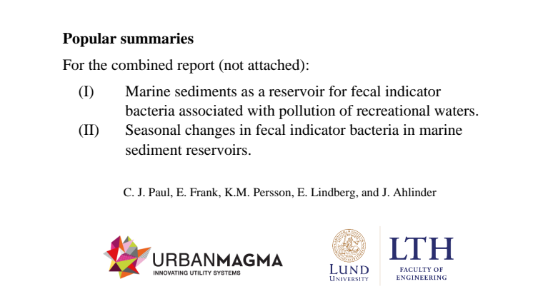 Urbana bad, sammanfattning på svenska och engelska: Marine sediments as a reservoir for fecal indicatorbacteria associated with pollution of recreational waters.