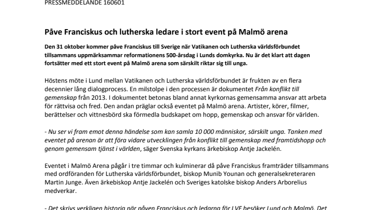 Påve Franciskus och lutherska ledare i stort event på Malmö arena